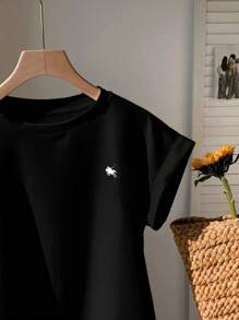 Comfortcana Camiseta casual de manga corta y cuello redondo holgada para mujer, con estampado de logo de caballo, adecuada para el verano
