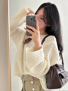 DAZY Hollow Out One-Shoulder Loose Knit Sweater Women, Cropped Flare Sleeve Pullover Fall - Apricot - View 8