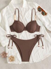 Swim Chiccia 2件套女士纯色棕色钢圈上衣和系带侧裤比基尼套装