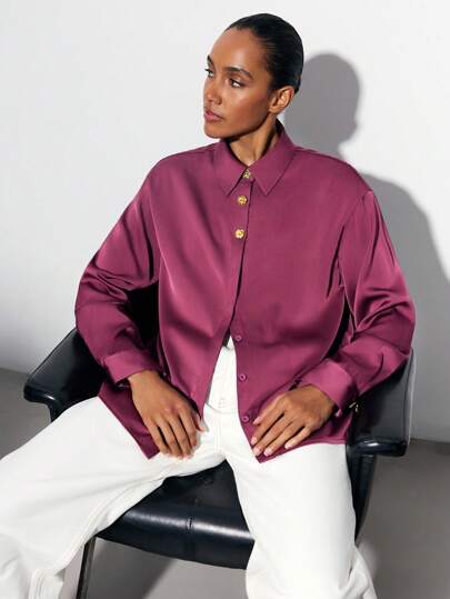 Maija Women's Burgundy Autumn Shirt With Front Button Metal Decor, Loose Fashionable Minimalist Comfortable Elegant Casual Commute Daily Solid Color Long Sleeve Blouse Fall Clothes For Women  Christmas Clothes Business Casual Woman Office Outfits For Women Off The Shoulder Satin Shirt Wine Blouse  Red Top New Year Women's Clothes Fall Clothes For Women