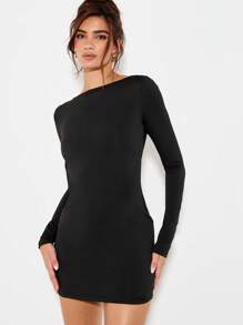 KIZN KIZN Long Sleeve Backless Mini Dress With Statement Snake Chain Detail For Club Night Holiday Evening Party Glamorous Night Out - Black - View 2