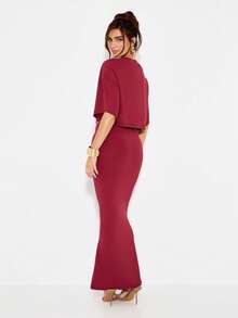 KIZN Two Piece Crop Top Maxi Skirt Co-Ord Holiday Evening Party Occasion Long Formal Dinner Wedding Guest Outfit With Ruching Detail - Red - View 2