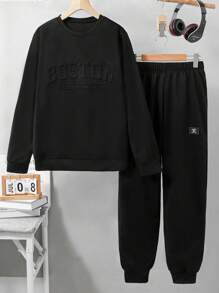 青少年男孩休闲学院风压花设计运动衫套装，适合休闲、上学、运动、户外穿着 - 黑色 - 查看 3