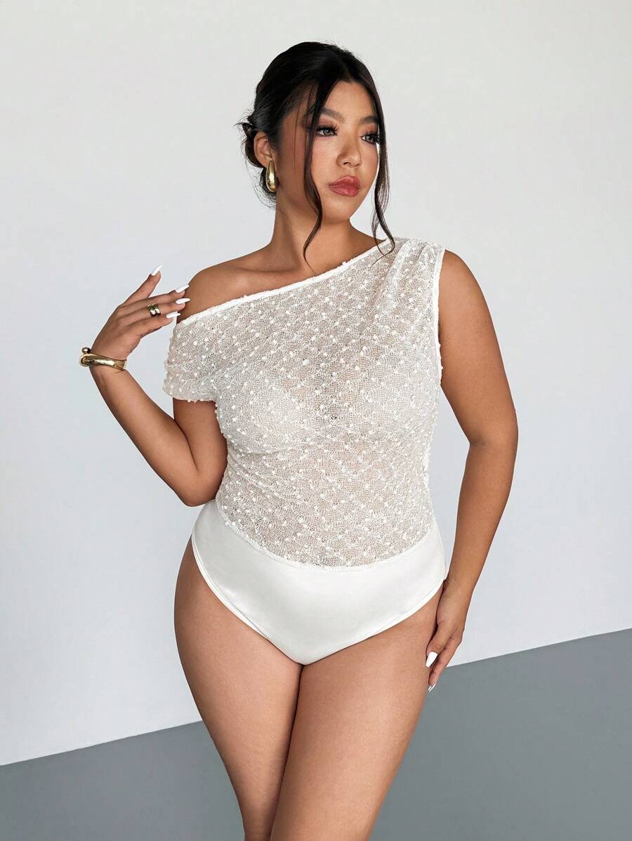 Firerie Plus Size Women's Asymmetric Neckline Ruched Textured Elastic Bodysuit, Elegant & Romantic For Weddings, Concerts, Celebrations, Spring/Summer - Apricot - View 1