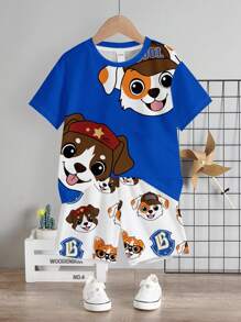 SHEIN PUPPIES，2 件儿童套装，年轻男孩休闲简约圆领短袖 T 恤和短裤，适合夏季 - 彩色 - 查看 2