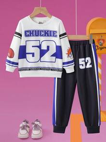 Nick 90s | SHEIN 2pcs/Set Young Boy Sports Casual Jersey Style Cartoon & Numeric Graphic White Crew Neck Long Sleeve Sweatshirt And Pants Knit Tracksuit - Multicolor - View 3