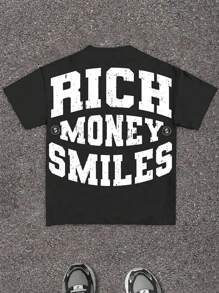 SHEIN 青少年男孩休闲时尚酷炫经典帅气金钱大亨肖像图案，时尚“RICH MONEY SMILES”文字印花短袖圆领 T 恤，适合夏季 - 彩色 - 查看 3