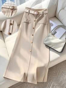 SHEIN Clasi Plus Size Solid Color A-Line Skirt, Fashionable For Summer - Beige - View 1