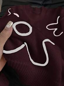 CosyJoli Plus Size Women Floral Line Pattern Pullover Sweater,Autumn/Winter Graphic Flower Long Sleeve,Burgundy,Autumn,Cute,School,Back-To-School Brown Sweater - Burgundy - View 5