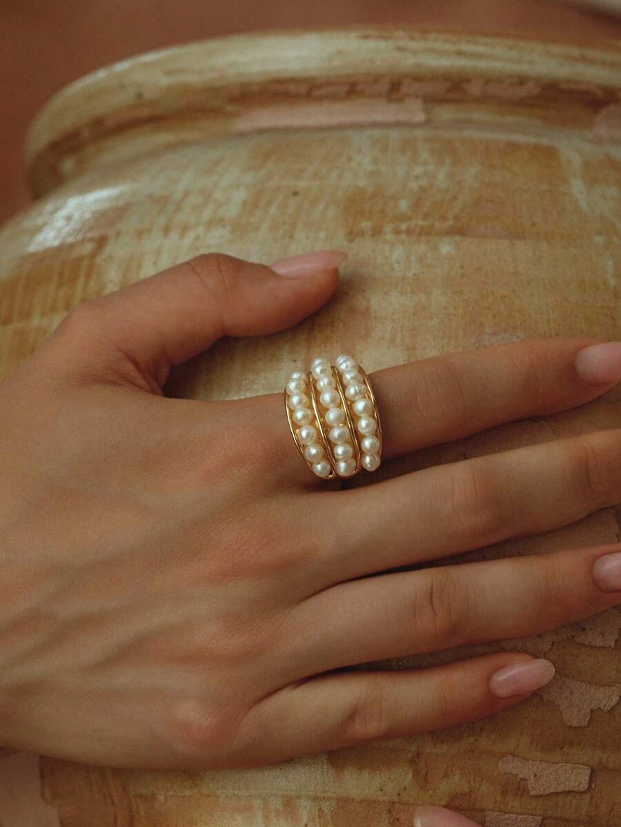 Opalesca 1pc Pearl/Mother Of Pearl Textured, Metallic/Metallic Feel, Beaded Ring, Elegant, Cute, Luxury, Wedding, Holiday, Vacation, Camping, Y2K/For Mom/Women/Girl/Fall/Autumn/Winter/Festival/Holiday/Vacation/Old Money/Halloween,For Mom/Women/Girl/Mother,Fall/Autumn/Winter,Outfits,Old Money,Premium,Pearl,Elegant,Fairycore/Fairy