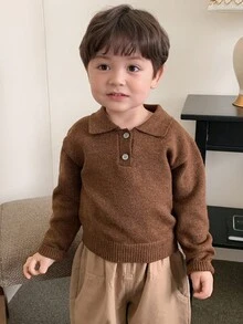 DAZY Toddler Boys' Casual Solid Color Turndown Collar Long Sleeve Sweater, Spring/Autumn - Coffee Brown - View 4
