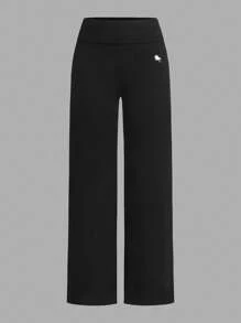 SHEIN EZwear 2 件女士休闲简约高腰喇叭直筒裤，带小马图案，黑白，适合夏季 - 彩色 - 查看 6