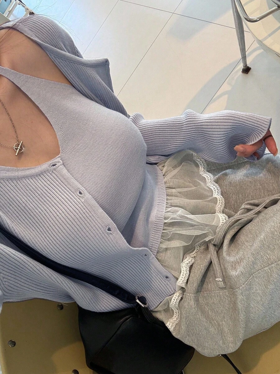 DAZY 2pcs French Romantic Lace Patchwork Cardigan Sweater Set Fall - Baby Blue - View 1