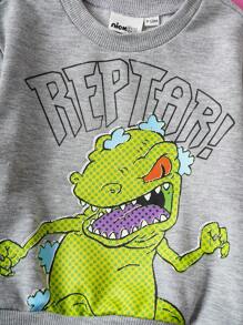 Nick 90s | SHEIN Baby Boy Cartoon Dinosaur & Letter Graphic Crew Neck Long Sleeve Knit Sweatshirt & Pants 2 Pieces Set - Green - View 4