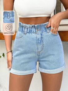 EURMUSE 100%Cotton Rigid, Elastic Band Detailed Shorts - Light Wash - View 1