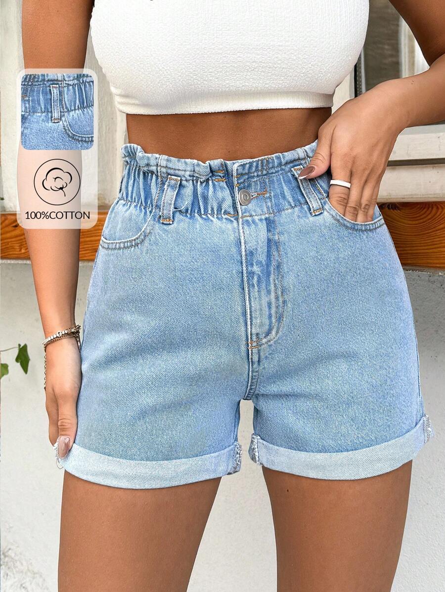 EURMUSE 100%Cotton Rigid, Elastic Band Detailed Shorts - Light Wash - View 1