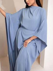 Veilorie Solid Color Batwing Sleeve Cinching Waist Elegant Dress