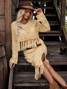 LanaWest 2pcs Women Solid Color Hollow Out Fringe Bohemian Style Sweater Set Fall Winter Cloth For Women
