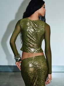 KIZN Áo crop top tay dài lưới họa tiết da rắn cho nữ dự tiệc tối câu lạc bộ thời trang Y2K thu đông họa tiết động vật ánh kim co giãn ôm sát ban đêm - màu xanh lá - Xem 2