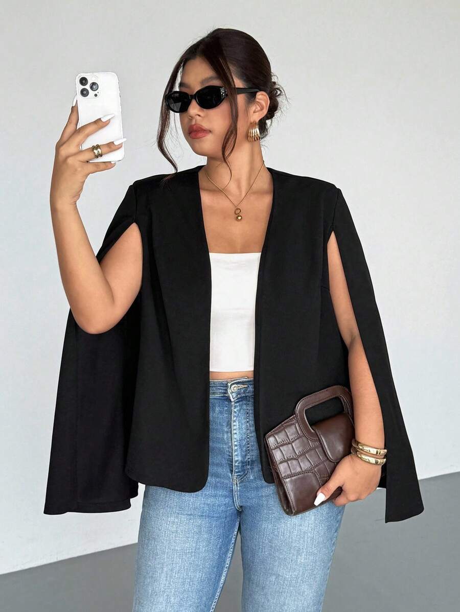 Firerie Plus Size Black Cloak Prive Elegant Romantic Blazer,Fall Clothes For Women Autumn