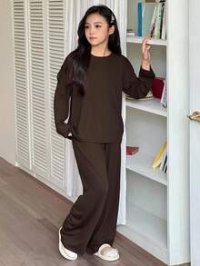 DAZY 青少年女孩休闲家居服睡衣，秋季 - 咖啡棕 - 查看 3