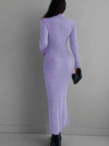EURMUSE Solid Color High Neck Bodycon Sweater Dress - Purple - View 2