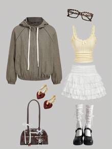 SHEIN MOD 休闲格子插肩袖抽绳连帽女式夹克，返校，休闲日常穿着，拉链夹克春季夹克女式连帽夹克秋冬女装 - 咖啡棕 - 查看 1