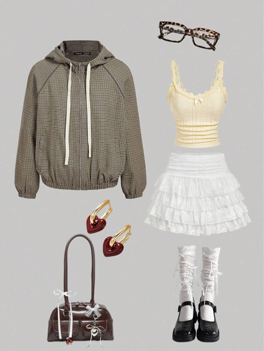 SHEIN MOD 休闲格子插肩袖抽绳连帽女式夹克，返校，休闲日常穿着，拉链夹克春季夹克女式连帽夹克秋冬女装 - 咖啡棕 - 查看 1