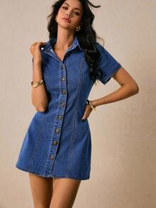 Poéselle 女士牛仔连衣裙金属纽扣装饰腰部连衣裙女士连衣裙蓝色衬衫连衣裙女士纯色前扣休闲短袖牛仔连衣裙夏季女装夏季连衣裙波西米亚风夏装夏季女装牛仔连衣裙 Y2k 乡村音乐会服装节日服装 - 中等水洗藍 - 查看 4