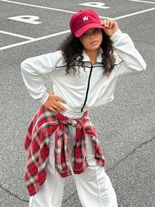 SHEIN Explorewe 2 件 Tween Girl ME 秋冬套装，宽松休闲街头插肩色块高领拉链连帽衫和阔腿裤，适合休闲、通勤、街头风格、聚会 - 白色 - 查看 6