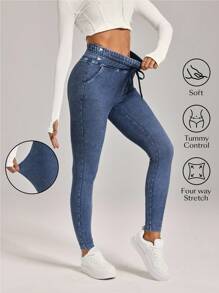 SHEIN Tall 女式休闲水洗高腰修身牛仔裤 - 深色水洗藍 - 查看 3