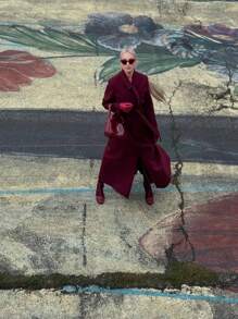 SHEIN X Jwoww Anewsta Women's Grey Midi Length Belted Notched Collar Overcoat, Christmas - Burgundy - View 9