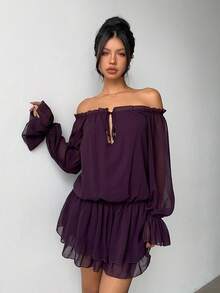 Aloruh 透明性感雪纺波西米亚露肩长袖连衣裙，秋季