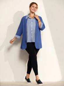 Momelise 大码条纹拼布长袖开衫，纽扣长袖二合一衬衫上衣，秋冬