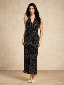 House of One Black Polka Dot Halter Neck Backless High Split Midi Dress Women Elegant Casual Summer Autumn Maxi Dress With Slit Halter Maxi Dress