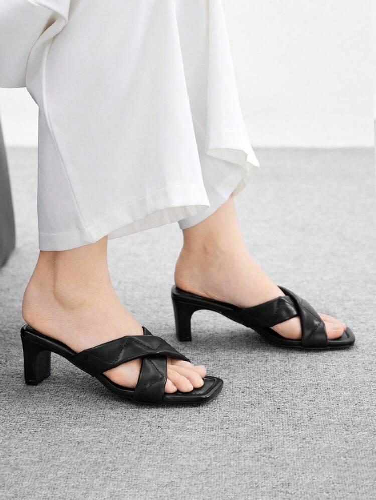 CUCCOO BIZCHIC Women's Square Toe Black Twist Knot Design High Heel Sandals