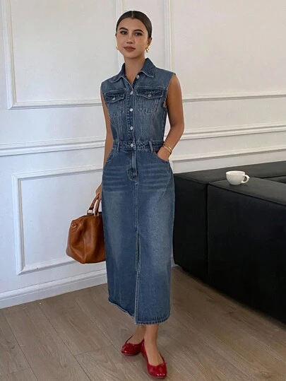 Livesso Vestido casual de mujer sin mangas con cuello de jean