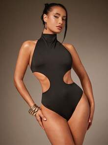 Hauture Sexy Sommer Lässig Mock Neck Seitlicher Ausschnitt mit Riemenrücken und goldenem Ornament Bodysuit - Schwarz - Übersicht 2