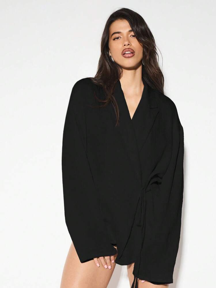 KIZN Crinkle Texture Wrap Blouse With Side Tie Closure