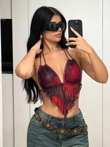 SHEIN ICON Parte superior roja de mujer con estampado de teñido anudado, con cuello halter y espalda descubierta - Rojo - Ver 4