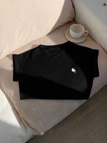 Comfortcana Camiseta casual de manga corta y cuello redondo holgada para mujer, con estampado de logo de caballo, adecuada para el verano