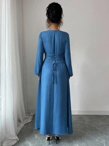 Elenzga 女款2025春秋圆领露背纹理长袖连衣裙 - 藍色 - 查看 2