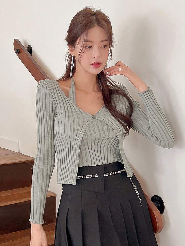 2pcs Stylish Knit Camisole & Long Sleeve Sweater Set, Sweet & Sexy Fall