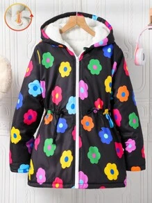 Abrigo con capucha de piel sintética con estampado floral colorido casual para niñas, adecuado para uso diario y para ir al trabajo, otoño/invierno - Multicolor - Ver 4
