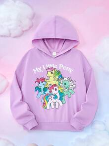 My Little Pony X SHEIN 青少年女孩字母和卡通图案长袖连帽卫衣 - 紫色 - 查看 3