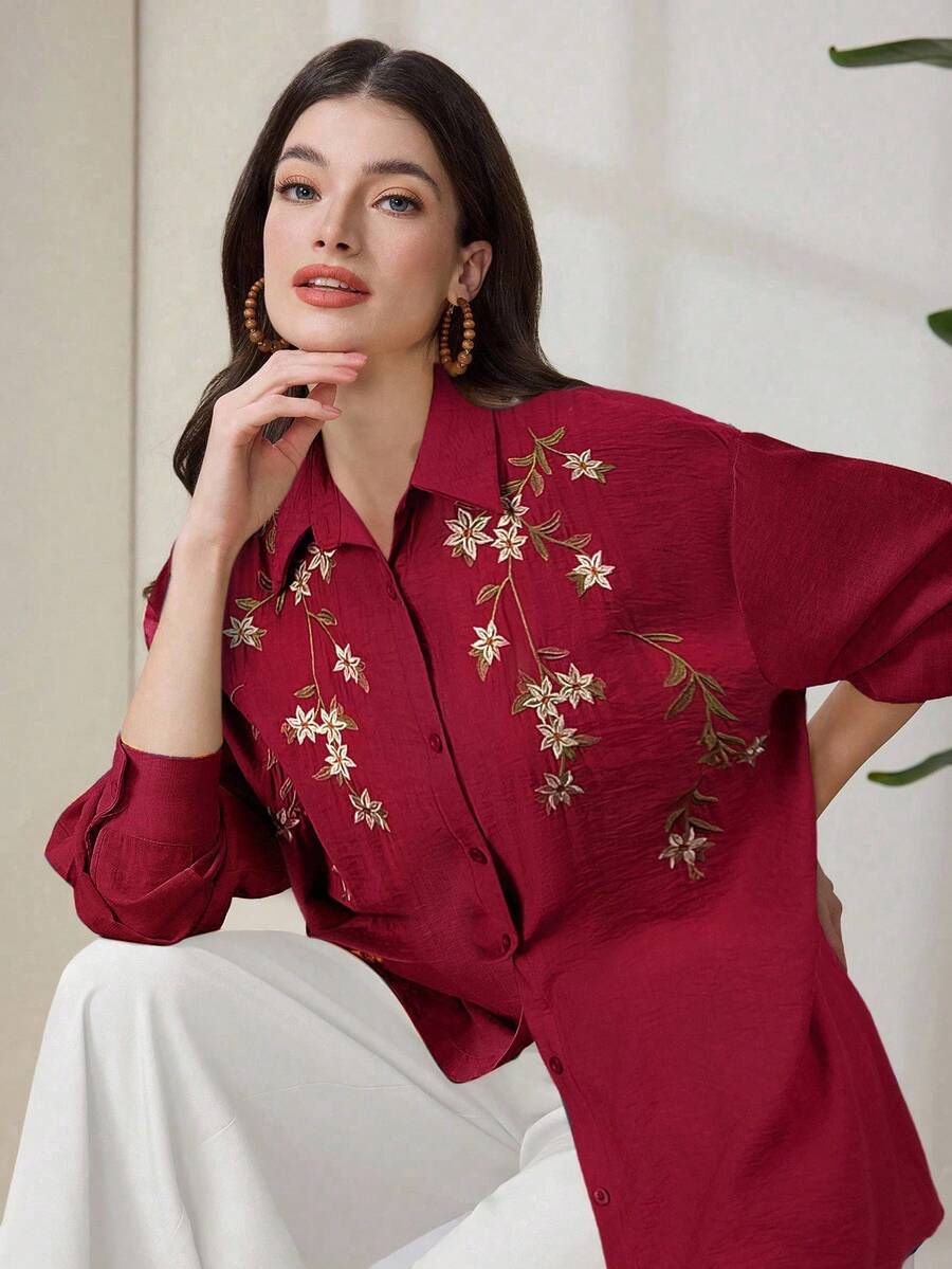 Mulvari Áo cánh rộng rãi đơn hàng ngày thêu hoa hở vai dài tay đơn hàng khuy đơn giản cho nữ - Màu Đỏ Sâu - Xem 1