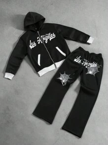 Manfinity Roghcode Manfinity Streetrush Men's Letter Print Contrast Color Zipper Hoodie And Sweatpants Casual Tracksuit Set - Black and White - View 6