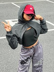 SHEIN Explorewe 青少年女孩街头酷儿童休闲青少年女孩春/秋连帽运动衫、印花图案针织背心和裤子三件套服装、时尚街头风格、街头服饰 - 黑色 - 查看 5