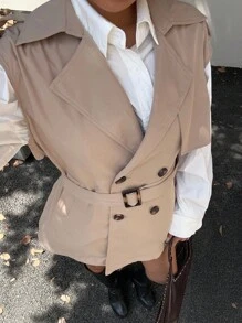SHEIN EZwear Double-Breasted Lapel Sleeveless Trench Coat, Back To School,Fall - Khaki - View 3