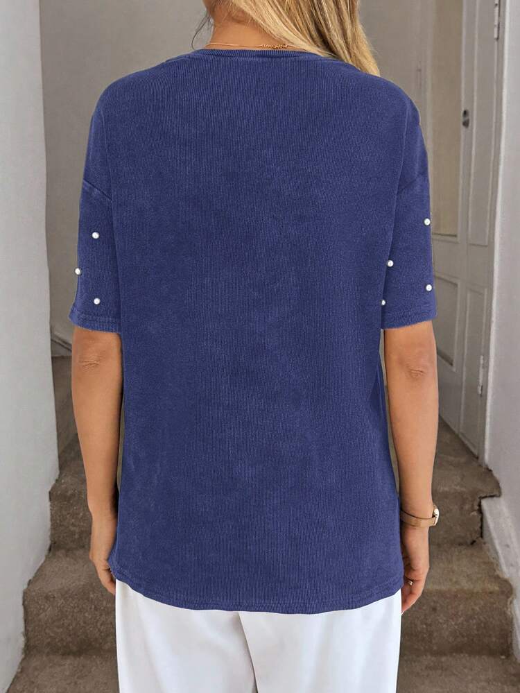 EURMUSE Women's Round Neck Sequin Embellished Loose Fit T-Shirt - Navy Blue - View 2